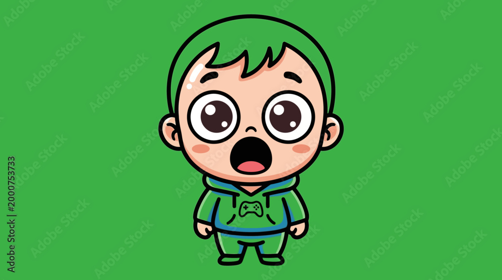 Obraz premium Cartoon Boy with Green Hair and Surprised Expression on Green Background.