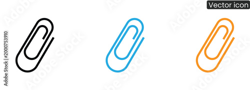 Vector illustration of paperclip icons in black, blue, and orange colors, isolated on white background, suitable for office, organization, and stationery concepts