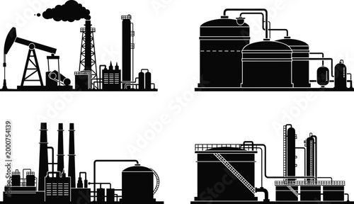 Industrial oil extraction and refinery equipment set with storage tanks, pump jack and factory systems, energy production infrastructure vector illustration isolated on white