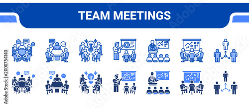 Team Meetings Icon Collection,  featuring Team Meeting, Group Discussion, Brainstorming, Workshop, Seminar, Strategy Meeting, Meetings.