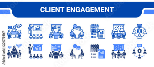 Client Engagement Icon Collection,  featuring Client Meeting, Pitch Meeting, Business Meeting, One-on-One, Meeting Plan, Strategy Meeting, Communication Flow.