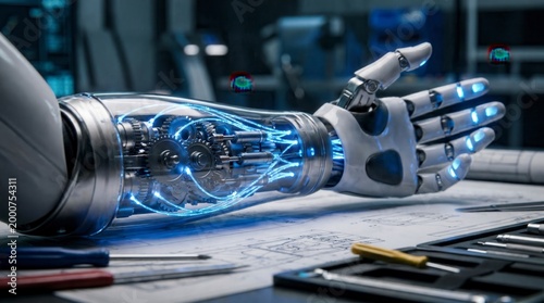 Advanced Robotic Arm with Visible Internal Mechanics and Glowing Blue Circuits