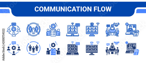 Communication Flow Icon Collection,  featuring Communication Flow, Team Synchronization, Collaborative Planning, Virtual Meeting, Video Conference, Client Meeting, Online Interview.