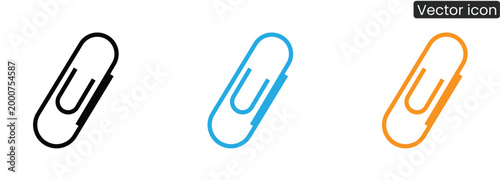 Vector illustration of three paperclip icons in black, blue, and orange on a clean white background, perfect for office, organization, or stationery themes