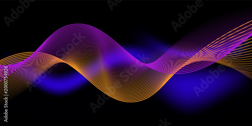 Neon flowing wavy lines on black background. Abstract sound wave design for ai concept, equalizer, audio record, voice assistant. Blue, pink orange gradient curve stripes. Vector wallpaper