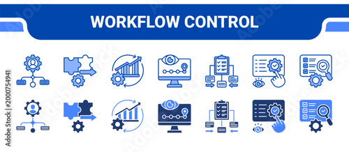 Workflow Control Icon Collection,  featuring Workflow Alignment, Process Integration, Process Optimization, Activity Monitoring, Task Prioritization, Control, Program Evaluation.