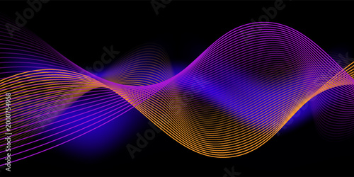 Neon flowing wavy lines on black background. Abstract sound wave design for ai concept, equalizer, audio record, voice assistant. Blue, pink orange gradient curve stripes. Vector wallpaper