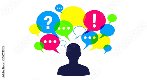Silhouette of a person with colorful thought bubbles and question marks above head.