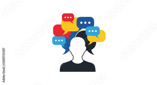 Silhouette of a person with many colorful speech bubbles above their head symbolizing communication and ideas.