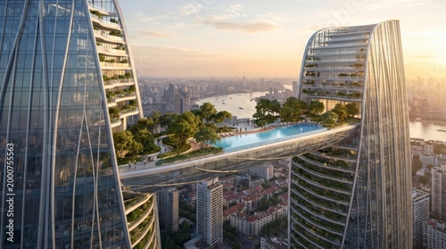 Futuristic Skyscraper Rooftop Pool Connects Towers with Lush Greenery