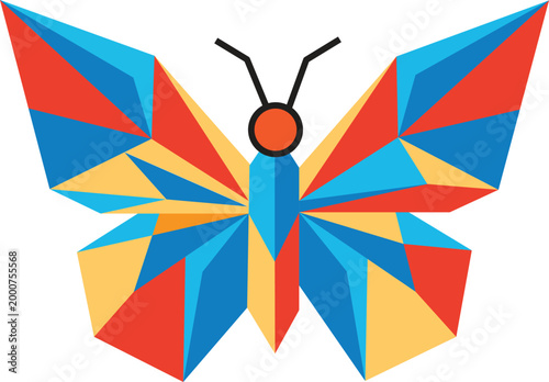 Colorful geometric butterfly with vibrant primary hues and clean triangular design edges.