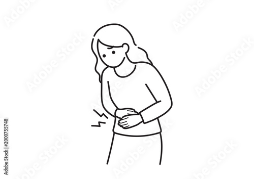 腹痛や胃痛で体調不良の女性のモノクロイラスト 苦しい 挿絵 ベクター