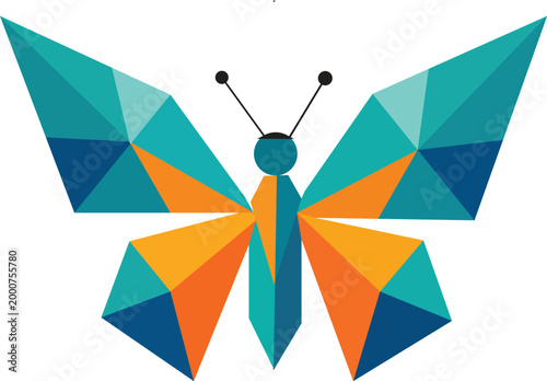 Geometric butterfly illustration featuring teal and orange low poly abstract design style.