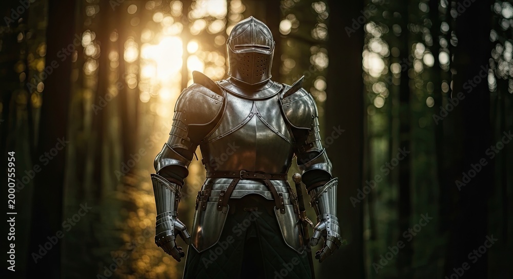 Fototapeta premium A medieval knight stands guard in a sun dappled forest clearing