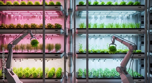 Futuristic Robotic Arm Harvesting Lettuce in Multi Level Grow Shelves