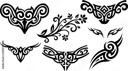 Collection of intricate black tribal tattoo designs with floral and animal motifs