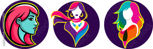 Three unique portrait illustrations in oval frames of girls with vibrant colors and stylized features