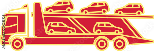 Transport truck carries several cars on a flatbed.