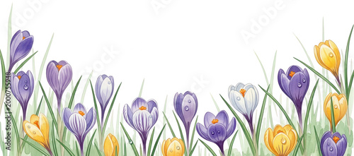 Purple crocus png Yellow crocus illustration Spring flower cutout Blooming crocus png Watercolor floral border png Colorful blossom cutout Crocus plant isolated transparent background image