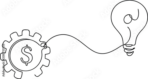 Creative concept drawing connecting financial cogwheel with money symbol and a lightbulb.