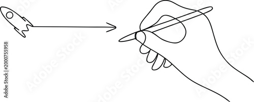 Hand drawing rocket with arrow, representing launch of new projects and business startup.