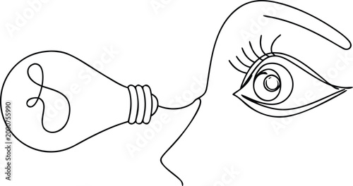 Human eye and lightbulb continuous line art representing visual perception and innovation.
