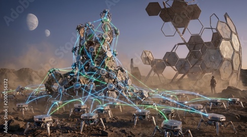 futuristic drone swarm conducting night surveillance in desert landscape