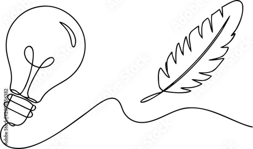 Soft feather and light bulb in continuous line art drawing for light and weightless ideas.