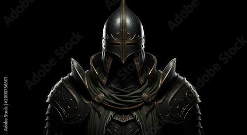 Dark knight in full armor a foreboding warrior against a black background