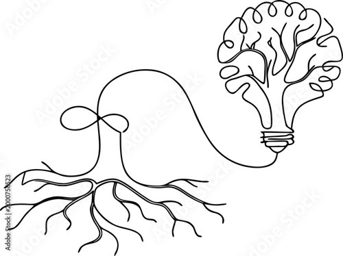 Continuous line art of tree roots connected to brain shaped light bulb for growth concept.