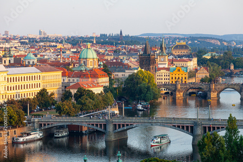 Photos View of the Vltava River and the bridges shined with the sunset sun, Prague, the
