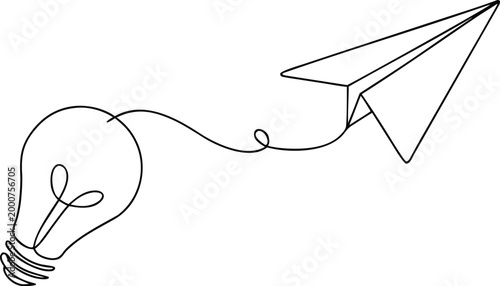 Continuous line drawing of a light bulb and paper airplane for new idea development.
