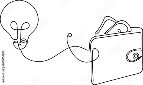 Continuous line drawing of a light bulb and wallet, symbolizing financial ideas.