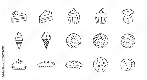 Dessert Icons: Cake, Cupcake, Ice Cream, Donut, Pie, Cookie