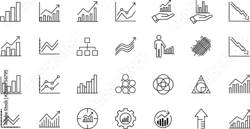 Minimalist business and analytics icon set with charts, graphs, arrows, gears, organizational diagrams for modern data visualization