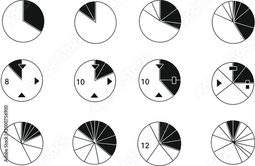 Abstract circular diagram set with geometric shapes, arrows, numbers, segmented pie chart icons, modern black and white data visualization