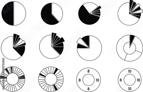 Abstract circular diagram set with pie charts and donut charts, segmented black and white data visualization symbols for analytics