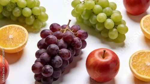 Pushing camera forward centering red grapes on white table, highlighting bloom under soft lighting