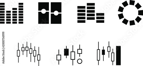 Abstract geometric icon set featuring candlestick chart patterns, equalizer bars, circular segments, modern data visualization symbols for digital analytics