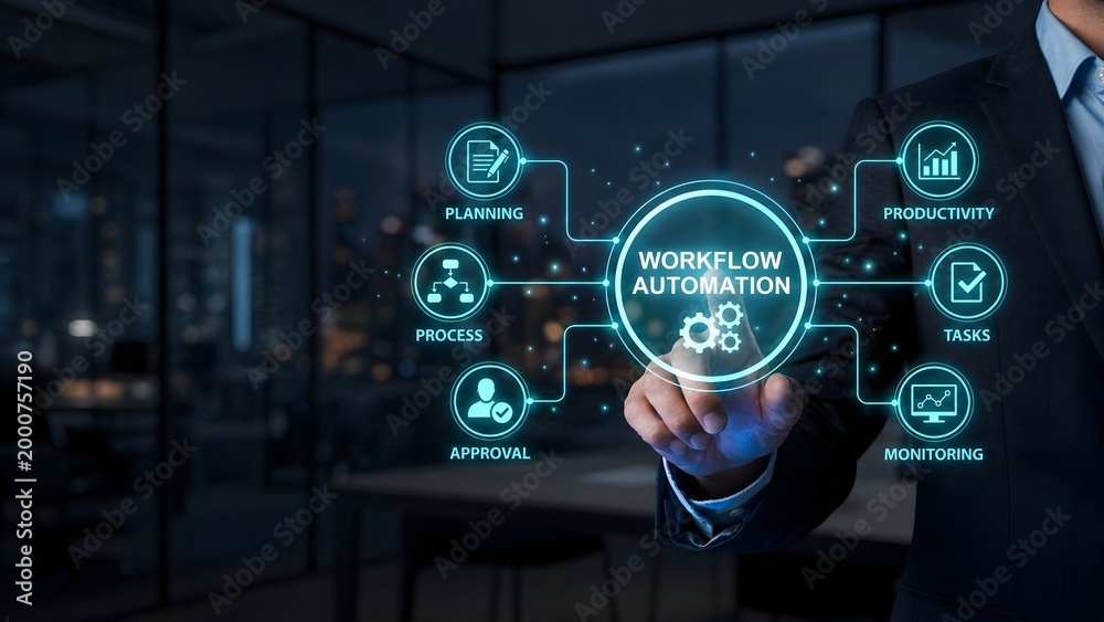 Fototapeta premium AI workflow automation with digital interface and copy space for business process concept