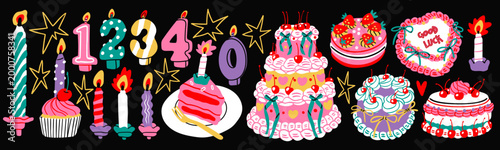 Big set of burning number shaped Candles, spiral candles, Cakes, cupcake, stars. Hand drawn modern Vector illustration. Isolated design elements. Birthday celebration, party, anniversary concept