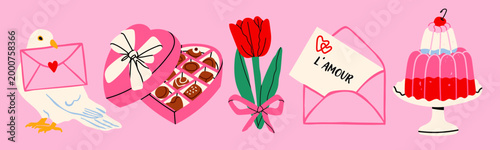 White dove bird, chocolate candies, tulip, love letter, cake. Hand drawn Vector illustration. Valentine's Day, love, romance concept. Print, greeting, postcard template. Isolated design elements