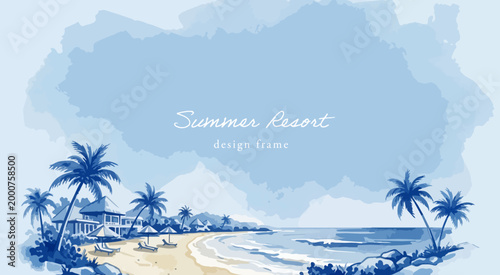 夏の南国ビーチリゾート背景フレームイラスト｜海・ヤシの木・砂浜