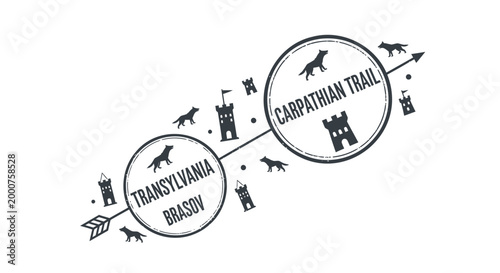 Hiking trail icons, Carpathian Trail, Transylvania Brandy, vector travel symbols