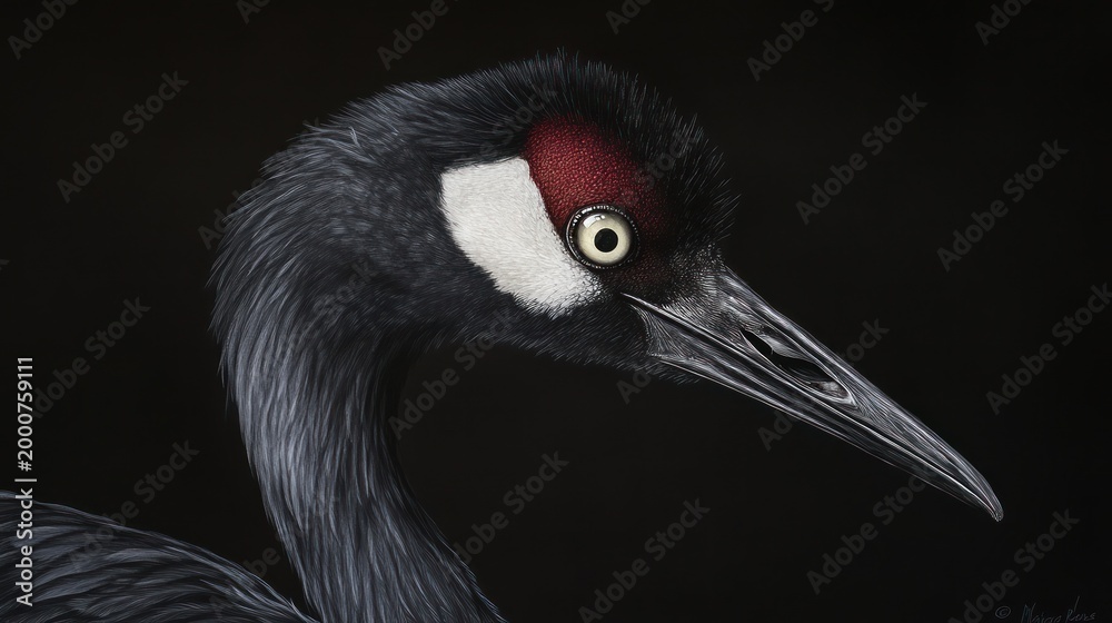 Fototapeta premium Crane Portrait Against Black Background