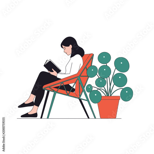 Woman reading book in chair next to plant