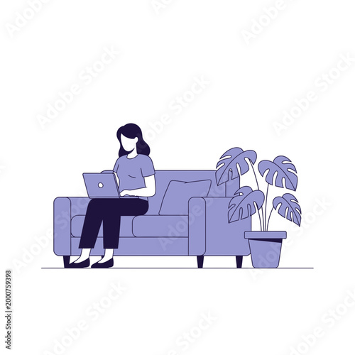 Woman working on laptop on sofa with plant