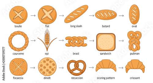 Colorful modern abstract vector illustration of various types of bread and baked goods, perfect for digital art backgrounds
