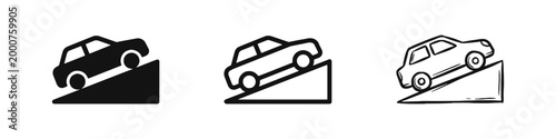 Car Driving Uphill on Incline Slope Icons for Progress and Challenge