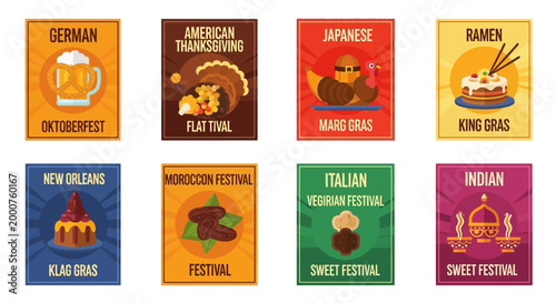 Colorful Abstract Modern Digital Art Vector Illustration Background of Various International Festivals and Food Celebrations